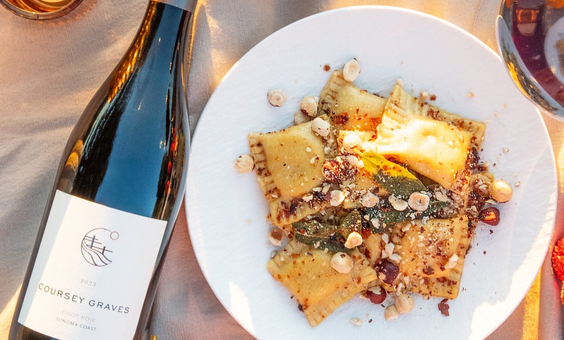 Pumpkin Ravioli with Cranberry Sage Brown Butter and Crushed Hazelnuts