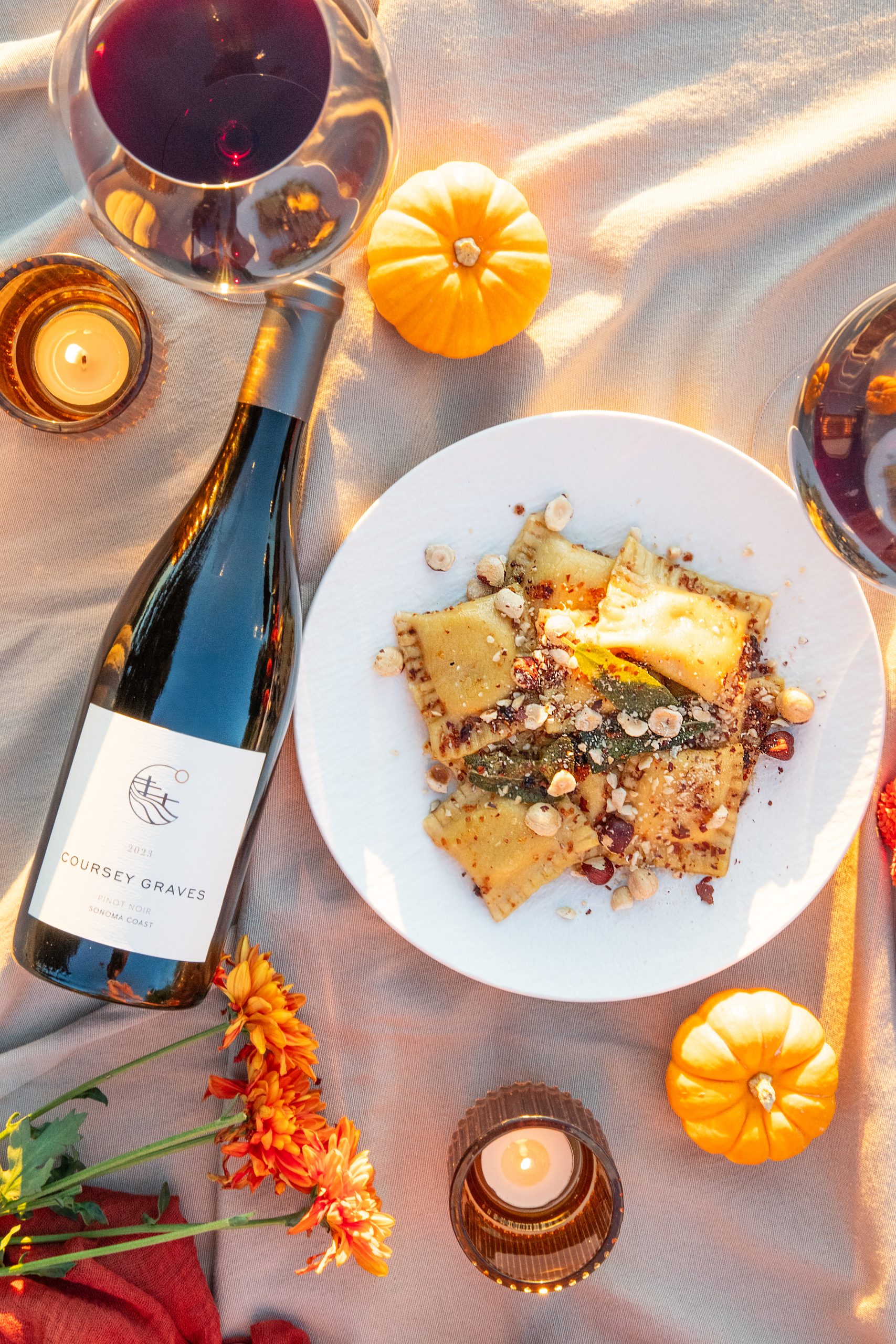 Pumpkin Ravioli with Cranberry Sage Brown Butter and Crushed Hazelnuts